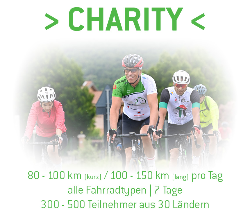 Charity Cycling Tours - 100 bis 150 km pro Tag | alle Fahrradtypen | 300 - 500 Teilnehmer aus 30 Ländern