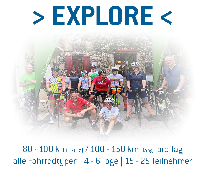 Explore Cycling Tours - 100 bis 150 km pro Tag | alle Fahrradtypen | 15 - 40 Teilnehmer